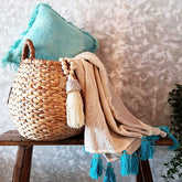 Natural Raw Cotton Throw with Light Blue Beaded Tassels | 125×195cm